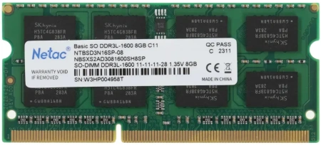 Оперативная память Netac 8GB Basic DDR3 NTBSD3N16SP-08 (1600МГц, SO-DIMM)