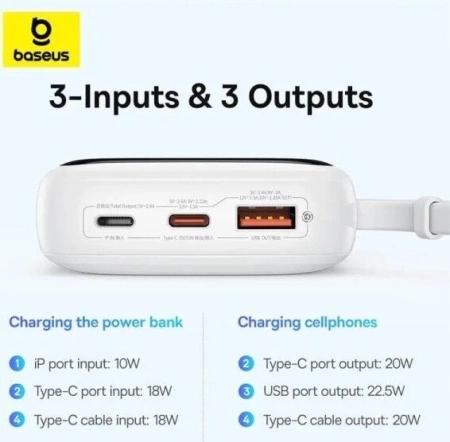 Внешний аккумулятор Baseus Qpow Pro+ Digital Display Fast Charge 22.5W 10000mAh (белый)