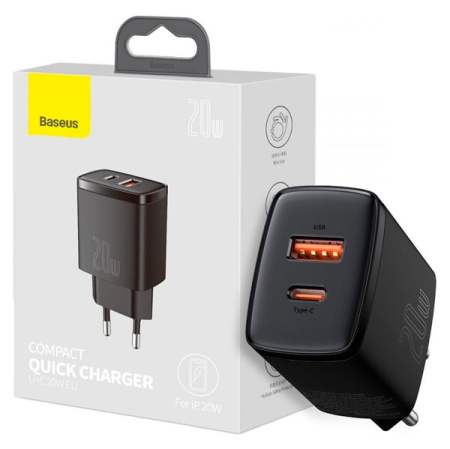 Сетевое зарядное устройство Baseus Compact Quick Charger U+C, 20W, черное