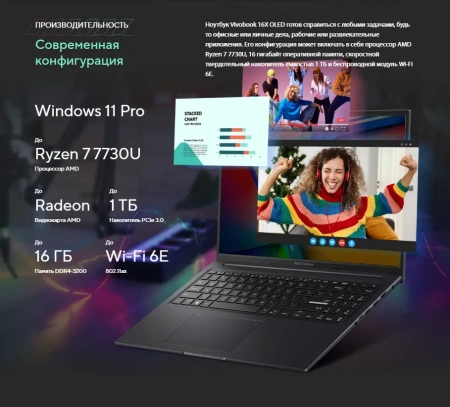 Ноутбук ASUS Vivobook 16X/ M3604YA-MB106/ R7-7730U/ 16 WUXGA IPS/ UMA/ 16GB/ 512GB/ DOS/ noODD/ BLACK