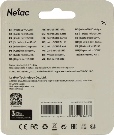 Карта памяти Netac microSDXC NT02P500ECO-016G-R (с адаптером)