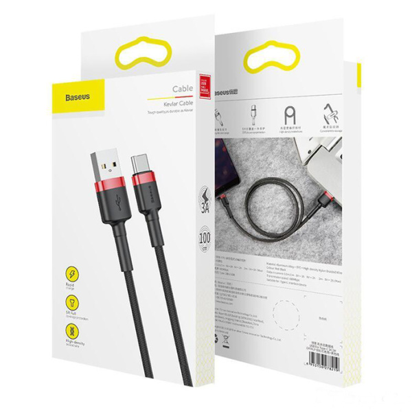 Кабель Baseus cafule Cable USB For Type-C, 3A, 1м, красный + черный