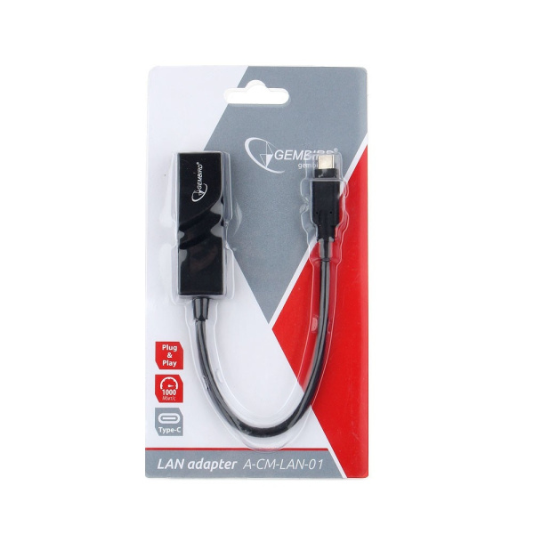 Сетевой адаптер Gembird Type-C(M) / RJ45 (F) Ethernet черный, блистер A-CM-LAN-01