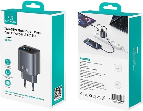 Сетевое зарядное Usams CC290 T66 45W GaN (черный)